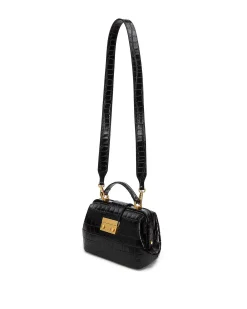 Brandon Blackwood Top Handle Bags>Elizabeth Doctor Bag Black Croc Embossed Leather W/Brass Hardware