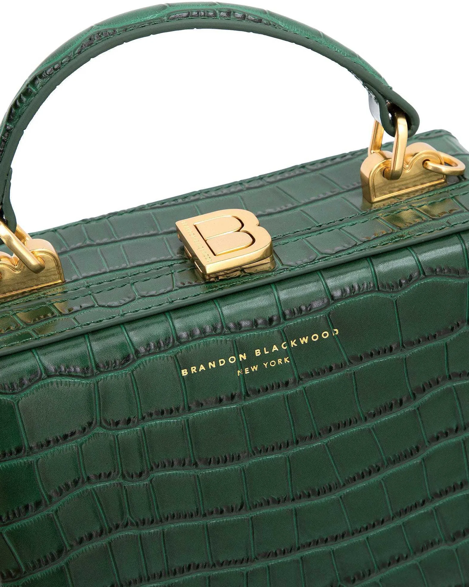 Brandon Blackwood Top Handle Bags>Kendrick Trunk Forest Green Croc Embossed Leather