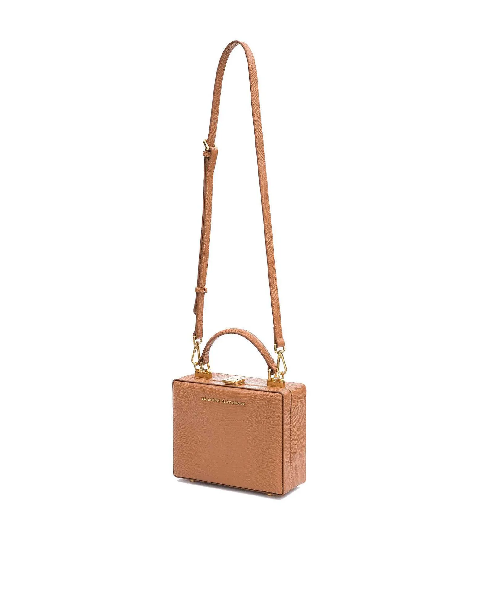 Brandon Blackwood Top Handle Bags>Kendrick Trunk Tan Lizard Embossed Leather