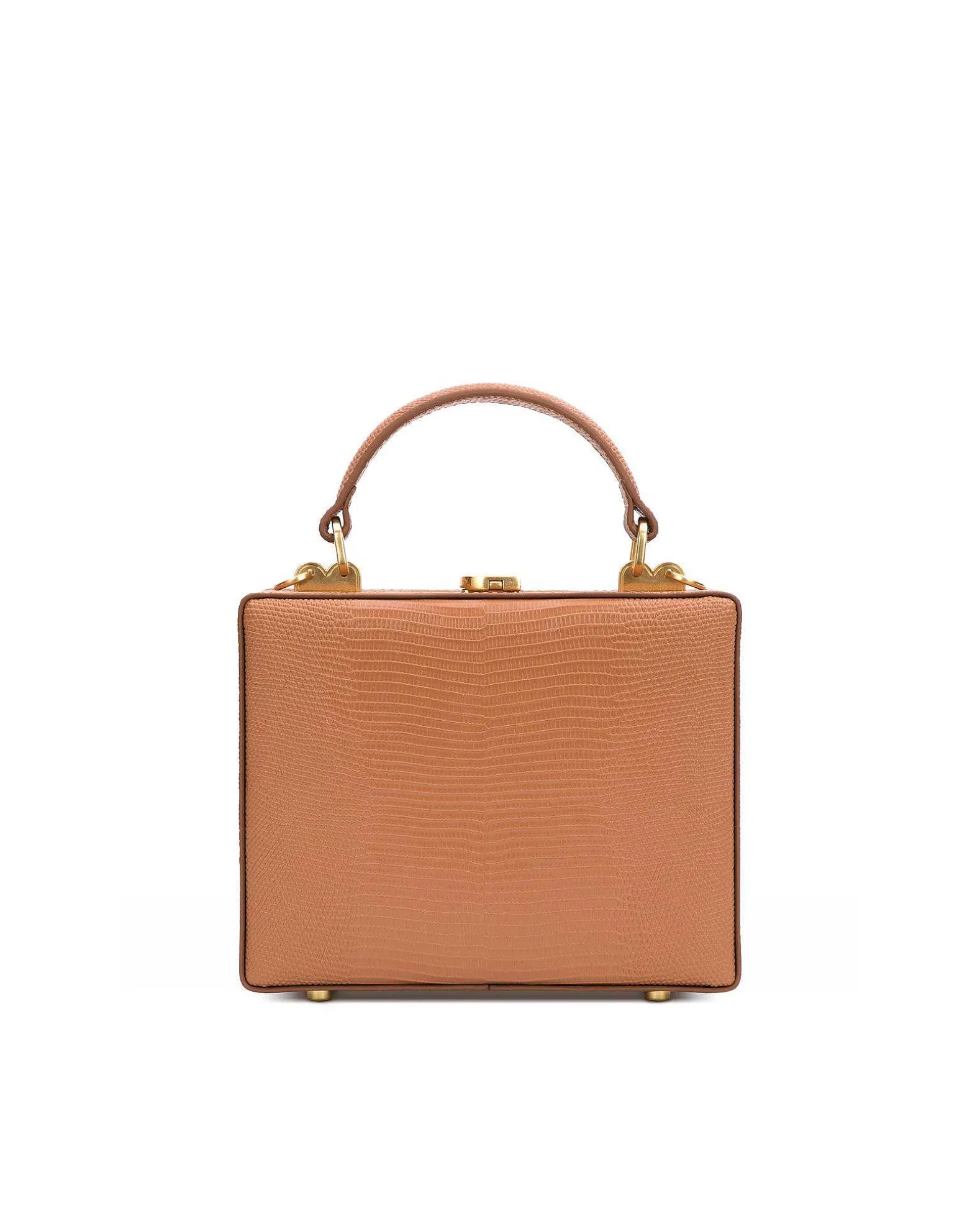 Brandon Blackwood Top Handle Bags>Kendrick Trunk Tan Lizard Embossed Leather