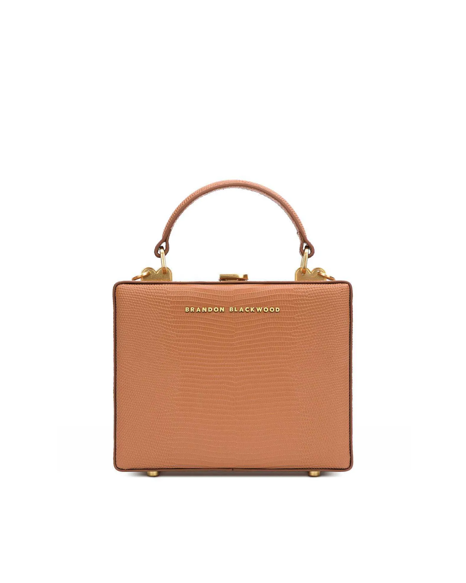 Brandon Blackwood Top Handle Bags>Kendrick Trunk Tan Lizard Embossed Leather