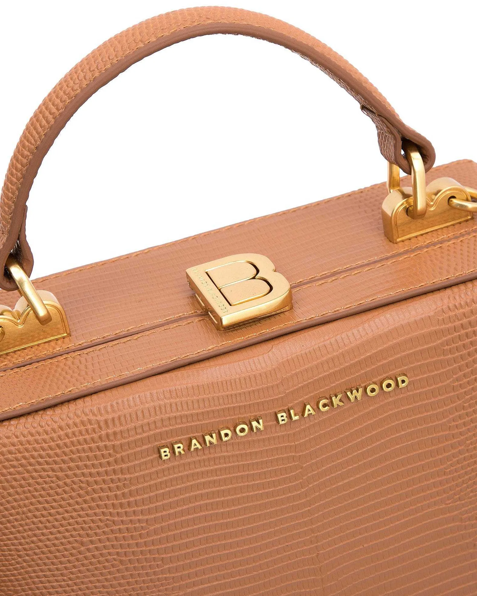 Brandon Blackwood Top Handle Bags>Kendrick Trunk Tan Lizard Embossed Leather