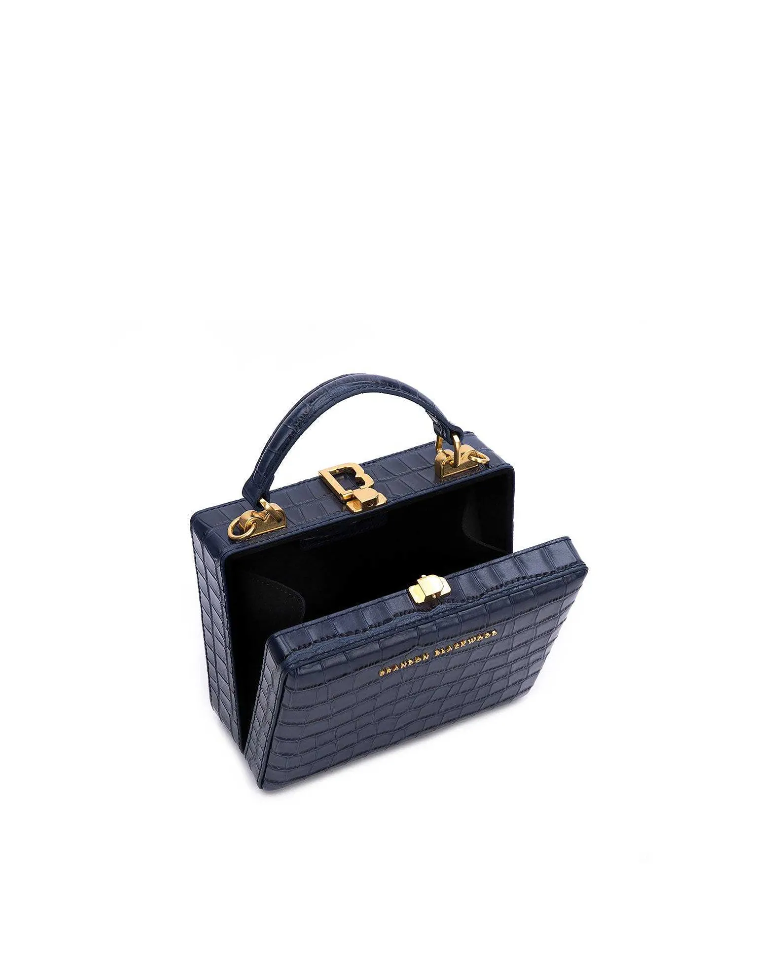 Brandon Blackwood Top Handle Bags>Kendrick Trunk Navy Blue Croc Embossed Leather