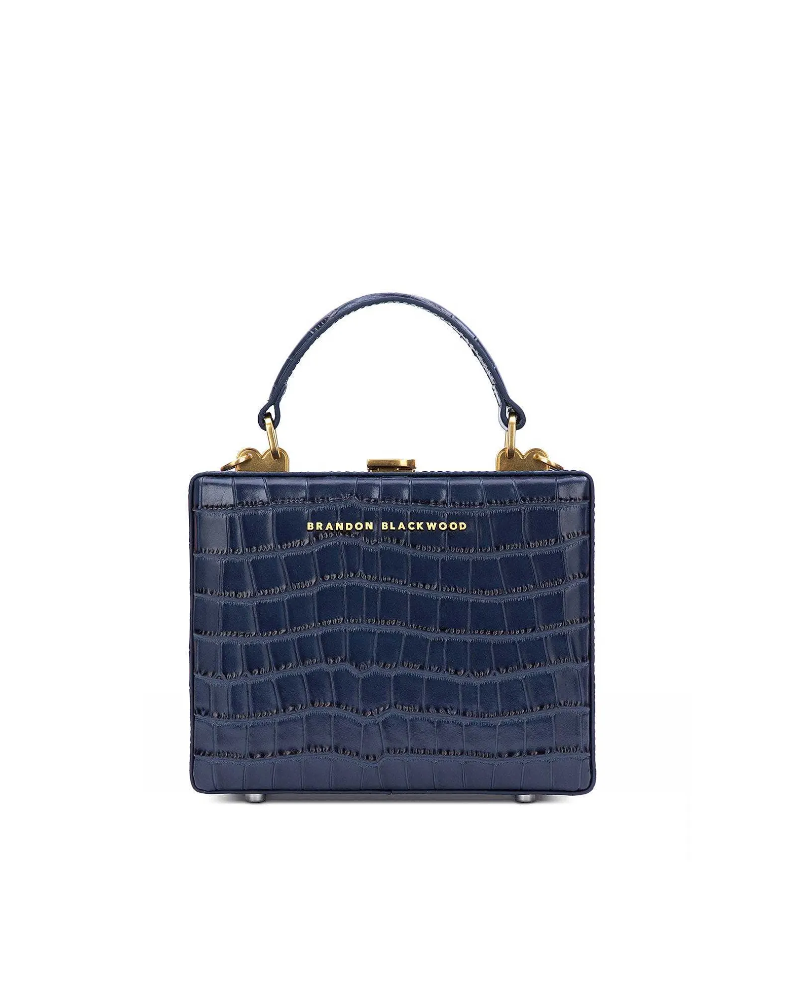 Brandon Blackwood Top Handle Bags>Kendrick Trunk Navy Blue Croc Embossed Leather