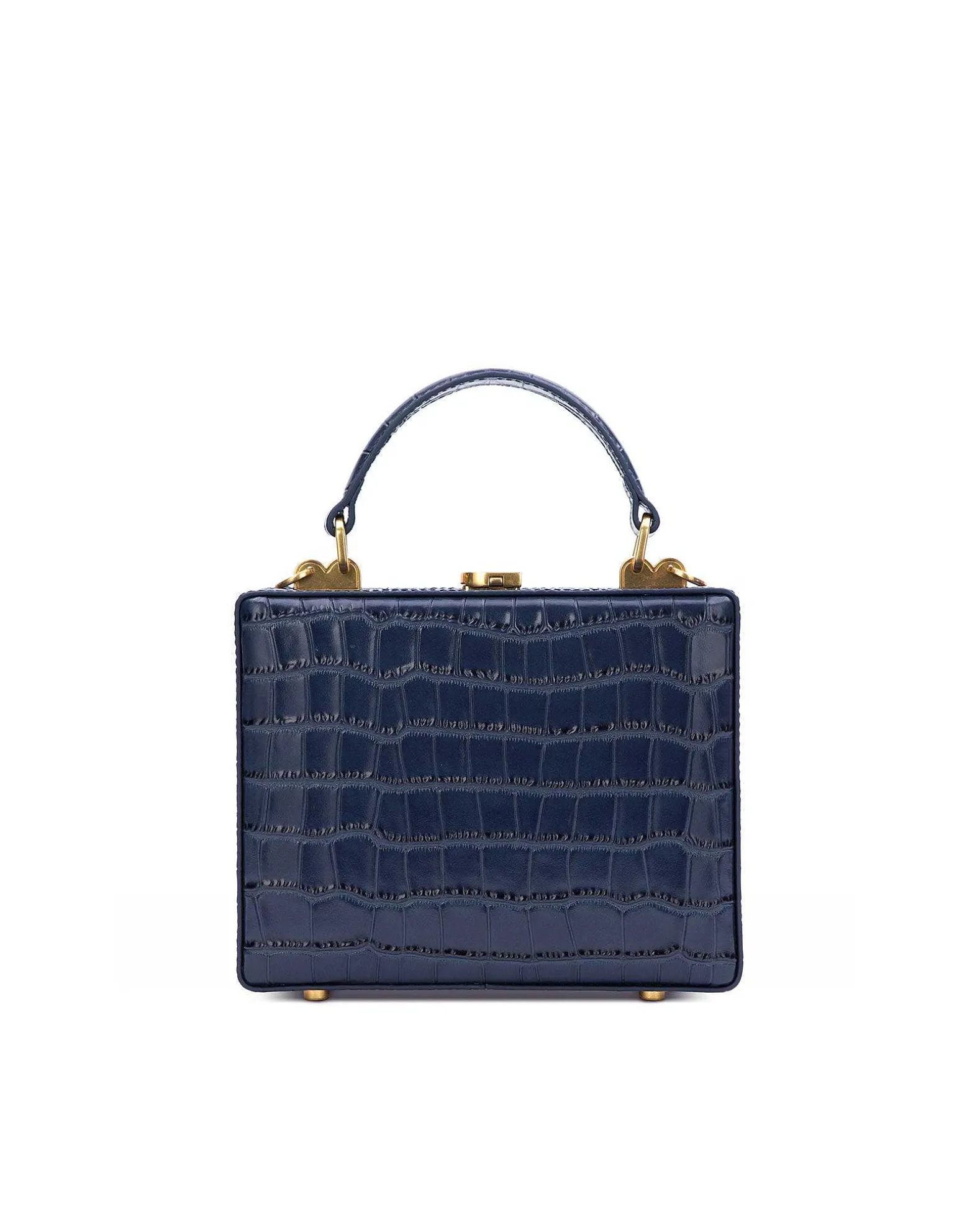 Brandon Blackwood Top Handle Bags>Kendrick Trunk Navy Blue Croc Embossed Leather