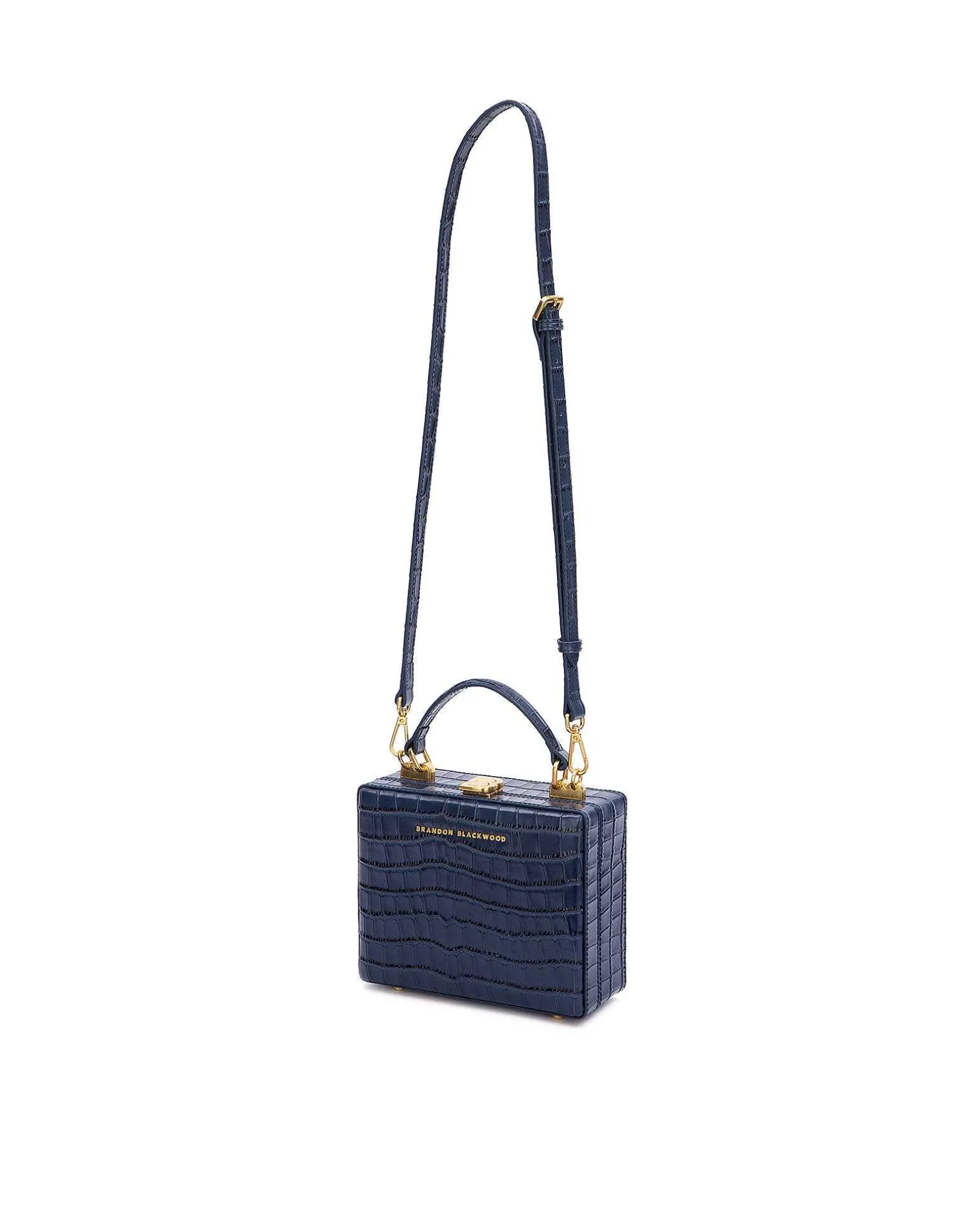 Brandon Blackwood Top Handle Bags>Kendrick Trunk Navy Blue Croc Embossed Leather