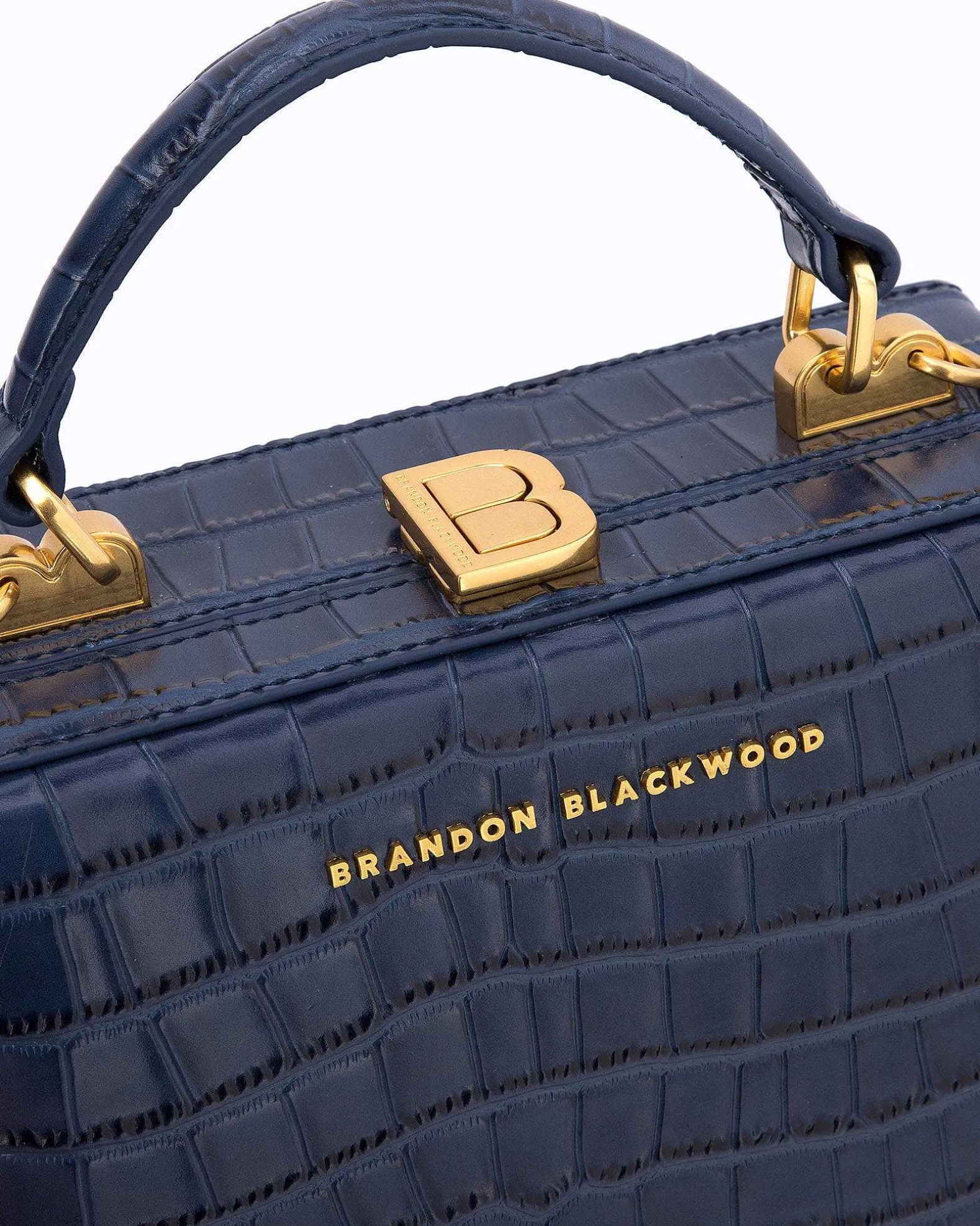 Brandon Blackwood Top Handle Bags>Kendrick Trunk Navy Blue Croc Embossed Leather