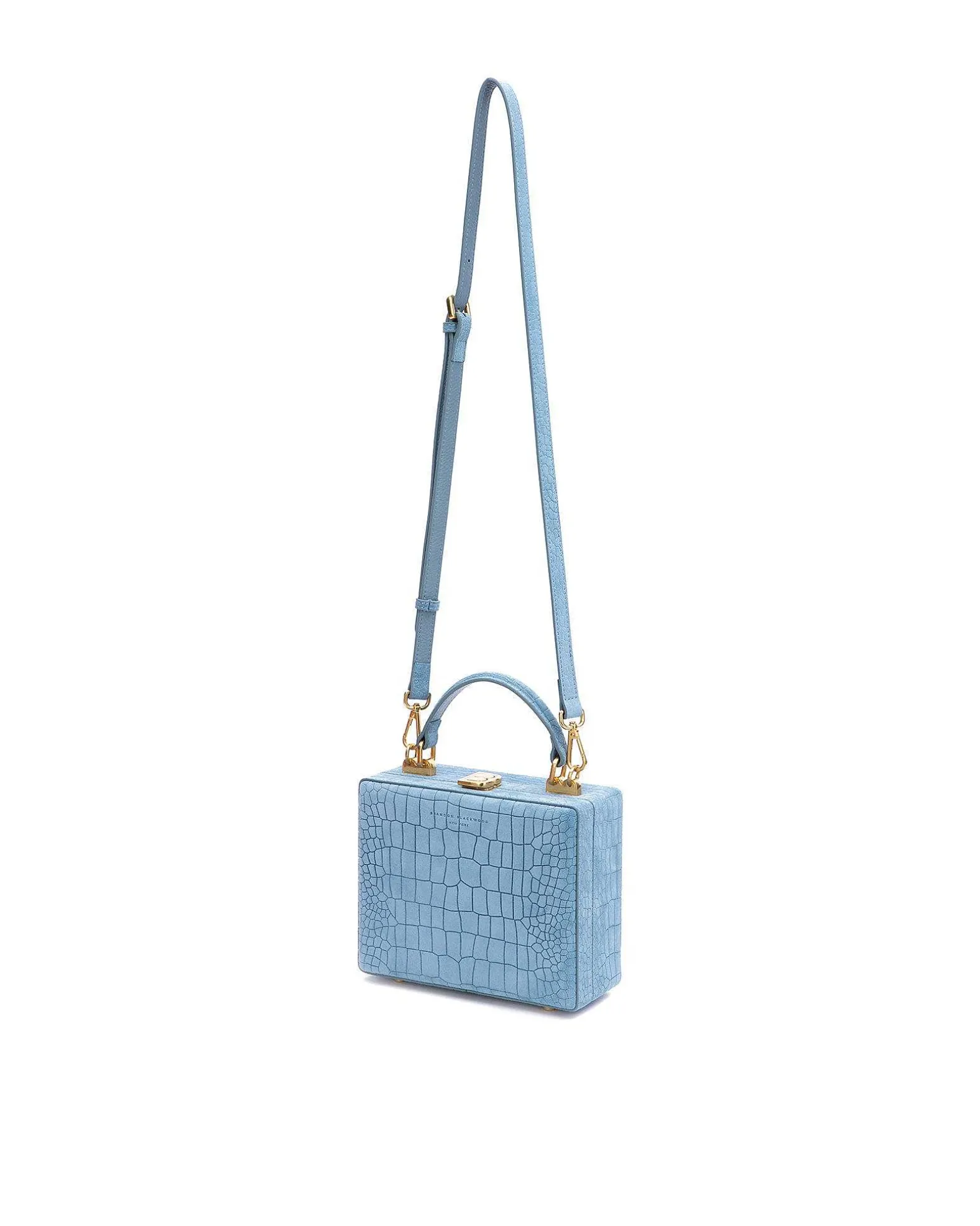 Brandon Blackwood Top Handle Bags>Kendrick Trunk Baby Blue Croc Embossed Suede