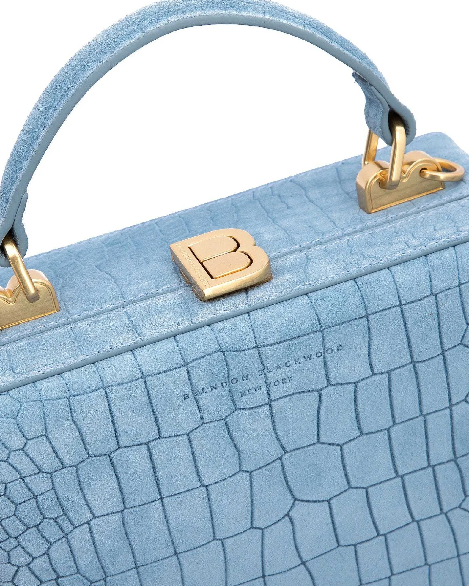 Brandon Blackwood Top Handle Bags>Kendrick Trunk Baby Blue Croc Embossed Suede