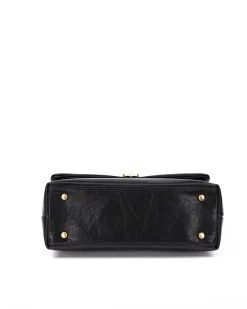 Brandon Blackwood Shoulder Bags>Lisa Shoulder Bag Black Cracked Leather W/Brass Hardware