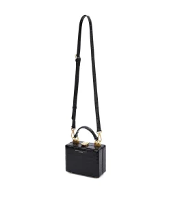 Brandon Blackwood Top Handle Bags>Mini Kendrick Trunk Black Croc Embossed Leather W/Brass Hardware