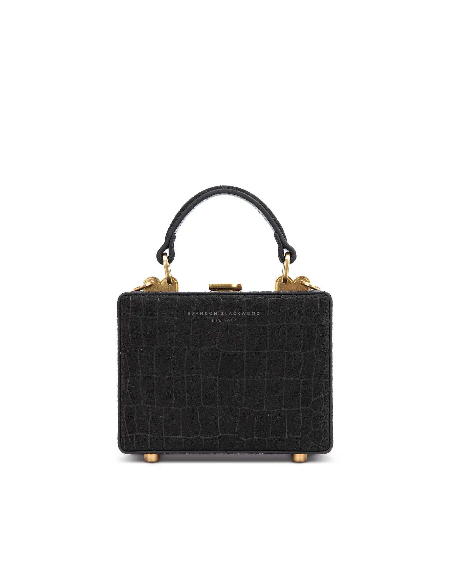 Brandon Blackwood Top Handle Bags>Mini Kendrick Trunk Black Croc Embossed Suede
