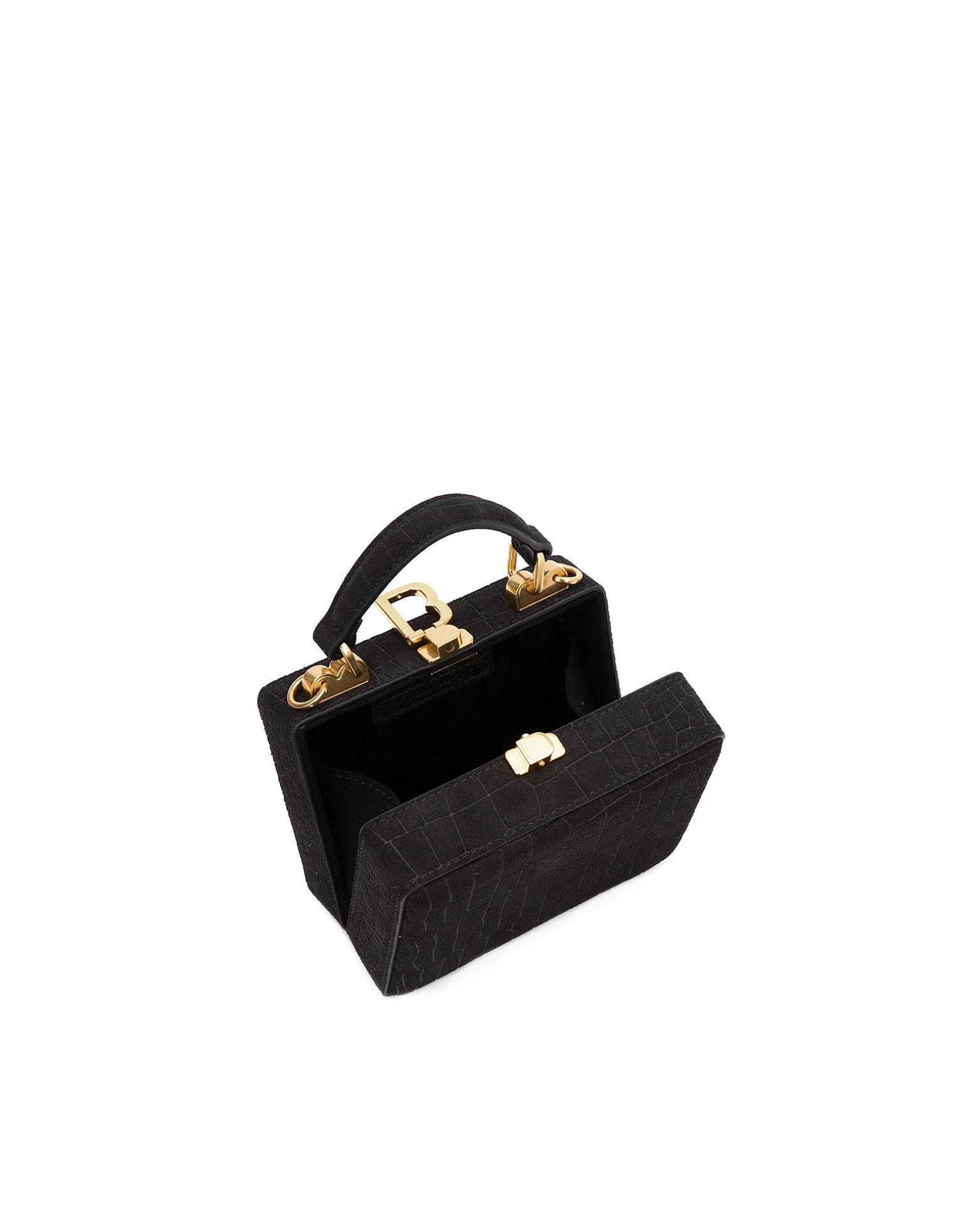 Brandon Blackwood Top Handle Bags>Mini Kendrick Trunk Black Croc Embossed Suede