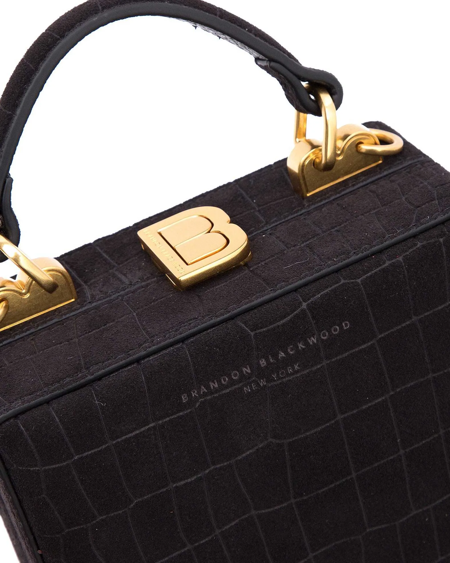 Brandon Blackwood Top Handle Bags>Mini Kendrick Trunk Black Croc Embossed Suede