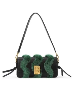 Brandon Blackwood Shoulder Bags>Nia Bag Black Leather & Green Mink Swirl