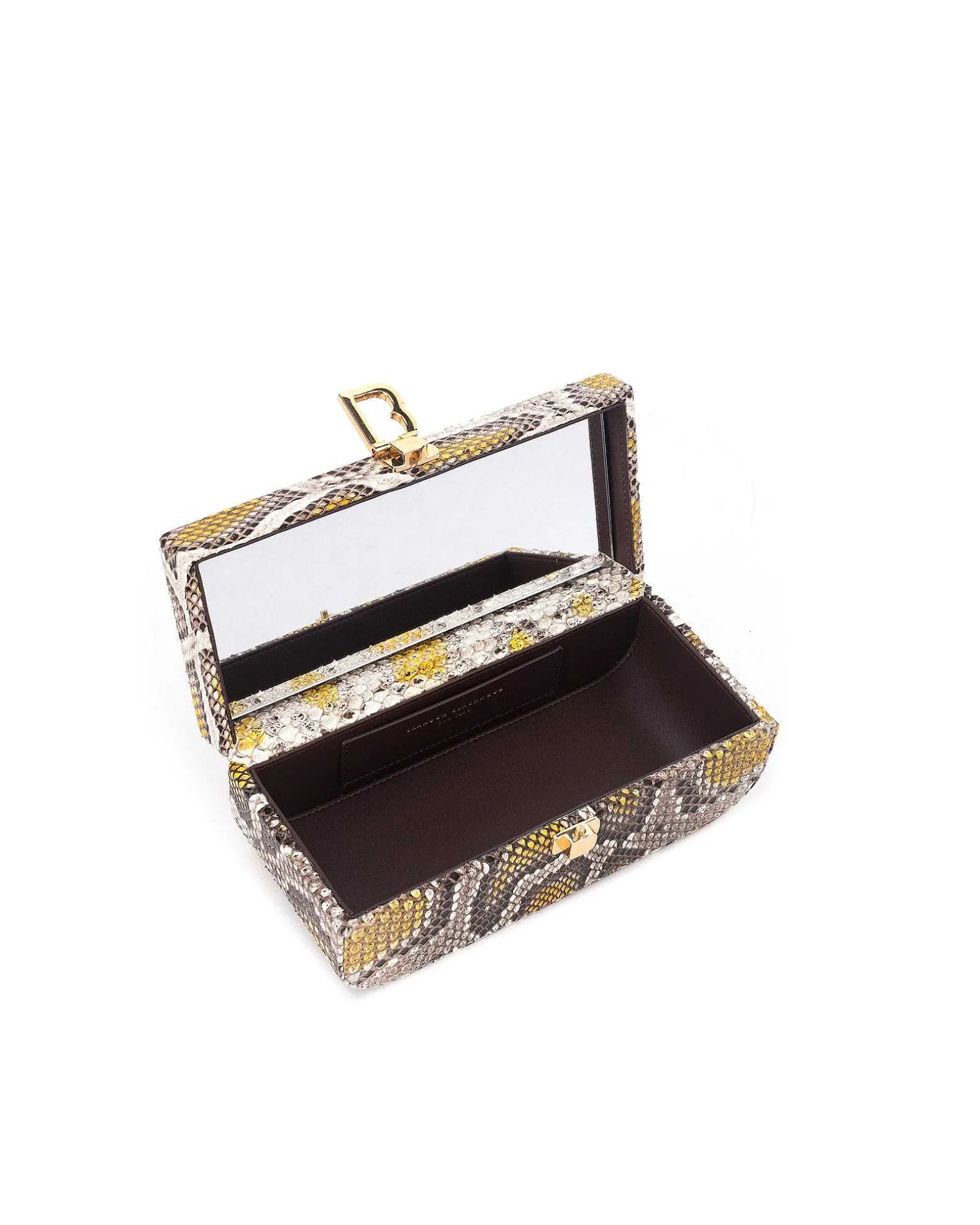 Brandon Blackwood Top Handle Bags>Vanity Purse | 24K Gold Plated Hardware Yellow Spotted Snakeskin