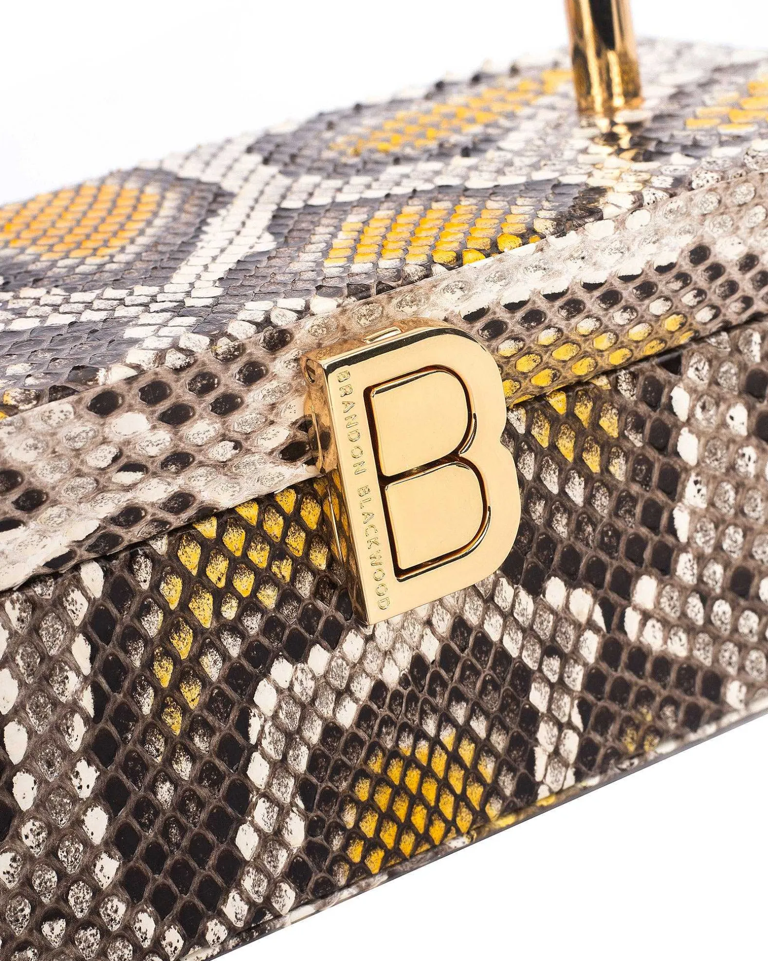 Brandon Blackwood Top Handle Bags>Vanity Purse | 24K Gold Plated Hardware Yellow Spotted Snakeskin